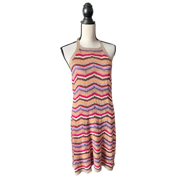 SO Goods For Life Multicolor Chevron Knit Sleeveless Halter Dress W/ Tie Back - Picture 1 of 10